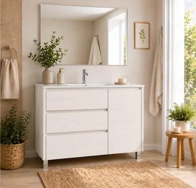ORIGEN BATH VOLUM Badmöbel mit Waschbecken, 3 Schubladen + Tür, 90x45 cm, Nordisch Weiß
