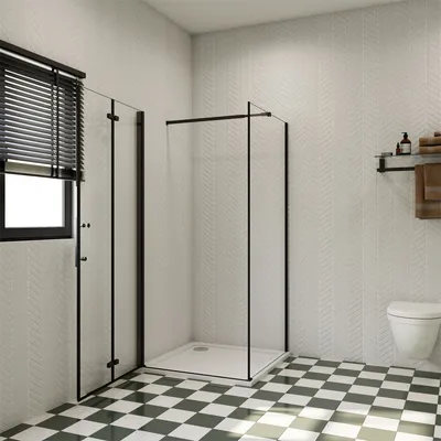 A modern bathroom with a shower cabin, toilet, and checkered floor.