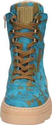 A close-up front view of a blue and gold patterned boot.