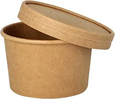 Produktbild von 500 Suppenbecher + Deckel, Pappe rund 230 ml Ø 9,8 cm · 6 cm braun