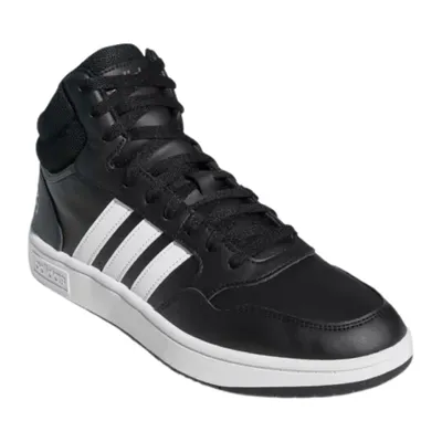 A studio shot of a black Adidas high-top sneaker with white stripes.