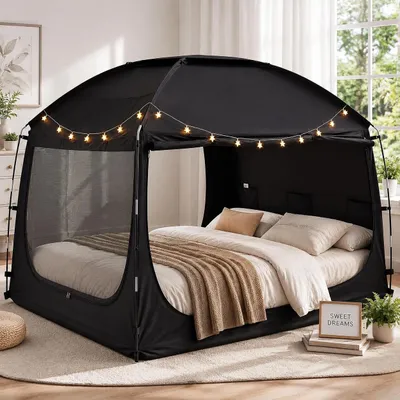 Produktbild von YEERSWAG Bettzelt für Doppelbett, 99 % Verdunkelung, 3 Türen, Sternenlicht, atmungsaktiv, tragbar, mit Aufbewahrungstasche, für Erwachsene & Kinder, KI-generiertes Bild
