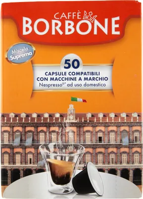 A box of Caffè Borbone coffee capsules with a glass of espresso and a capsule shown in the foreground.