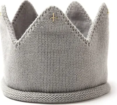 Produktbild von Baby Krone Strickmütze Stoff Krone Stirnband Kopfschmuck für Geburtstag Party Karneval Fasching Hochzeit Dekor Grau