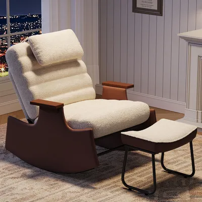 Produktbild von UnboxG Schaukelsessel mit Hocker, Teddyfell Relaxsessel Beige, 3-fach verstellbare Rückenlehne, ergonomischer Lesesessel mit Kopfstütze und Holzarmlehnen