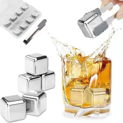 Produktbild von Kollea Edelstahl-Kühlwürfel, wiederverwendbare Kühlsteine für Getränke, mit Eispinzette und Gefrierfach, ideal für Whisky (8 Stück)