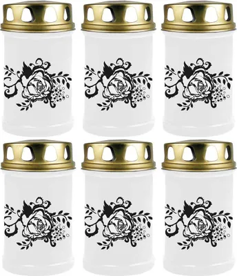 Produktbild von Grabkerze Weiß 6er Pack, Brenndauer: 48 Stunden ( je Kerze ), Motiv: Rose Ranke