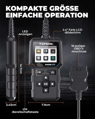 Produktbild von TOPDON AL400 OBD2 Diagnose -Tool 10 Modi, One Touch I/M Readiness -Taste, Lebenszeit -Updates, 2,4 Zoll TFT -Farbbildschirm 1996
