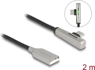 Productafbeelding van Delock - USB-kabel - USB (M) naar 24-pins USB-C (M) haaks - USB 2.0 - 20 V - 3 A - 2 m - Snel opladen tot 60 W - Zwart, zilver