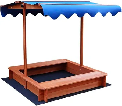 Imagen del producto de Caja de arena con techo y banco, de madera, 114 x 114 x 114 cm, con protección UV, color azul, con forro de tela. Esta caja de arena es solo para niños