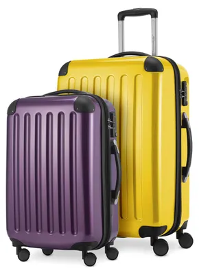 Produktbild von Alex - 2er Set Handgepäck + Mittelgroßer Koffer, Kofferset Resekofffer Trolleys Hartschale Polycarbonat glänzend,Gelb-Aubergine