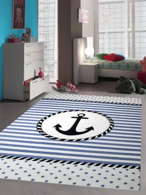 Produktbild von Teppich Kinderzimmer Babyzimmer Jungen Anker maritim blau crème schwarz Größe - 160x230 cm