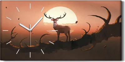 Produktbild von Wohnzimmer-Bild Leinwand Uhr Geräuschlos 60x30 der Hirsch Tiere Sonnenuntergang - weiße Hände