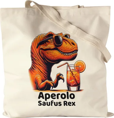Produktbild von Aperolo Saufus Rex Jutebeutel - Dinosaurier mit Aperol Spritz