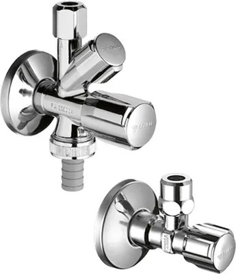 Two chrome-plated water valves are shown against a white background. The top valve is a dual-outlet valve, while the bottom valve is a single-outlet valve.