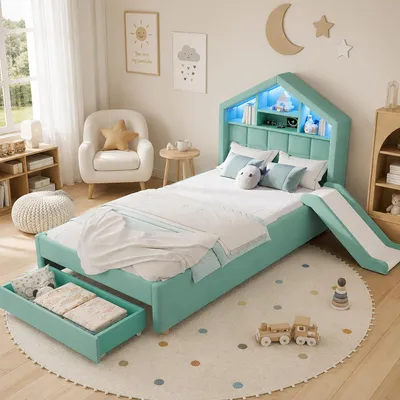 Produktbild von Flieks Kinderbett 90x200cm mit Rutsche und Led, Polsterbett Hausbett mit Schublade und Ladeanschluss, Kinder Einzelbett mit Ablagen, Samt, Grün