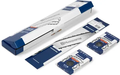 Several Husqvarna chainsaw chains and bars are displayed in their packaging on a white background.
