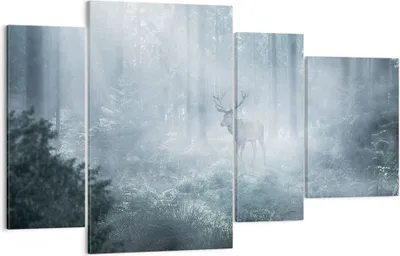 Produktbild von Bild auf Leinwand - Leinwandbild - 4 Teile - Hirsch Wald Morgendämmerung - 120x70cm - Wand Bild - Wanddeko - Wandbilder - Leinwanddruck - Bilder - Wanddekoration - Leinwand bilder - DL120x70-4667