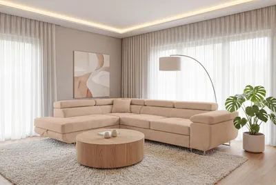 Produktbild von Ecksofa Luca L-Form Beige Velour Schlaffunktion Bettkasten Wasserabweisend Linke