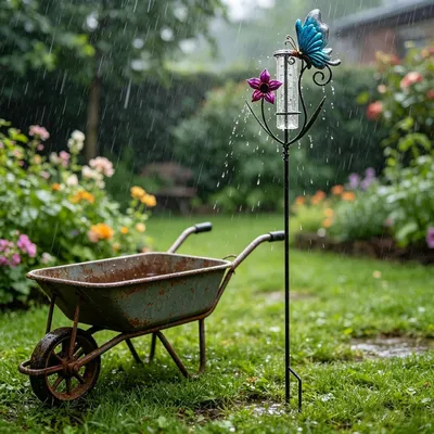 Produktbild von Regenmesser für den Garten mit Schmetterling und Flor - Wetterstation aus Metall mit Glasrohr, Vintage Regensammler für Rasen und Patio - Rostfreier Regenmesser als Geschenk für Gärtner
