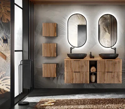 Produktbild von Design Badmöbel Set XILO 140 cm mit2  Waschbecken LED Soft-Close Waschtisch Spiegel 3xHängeschrank