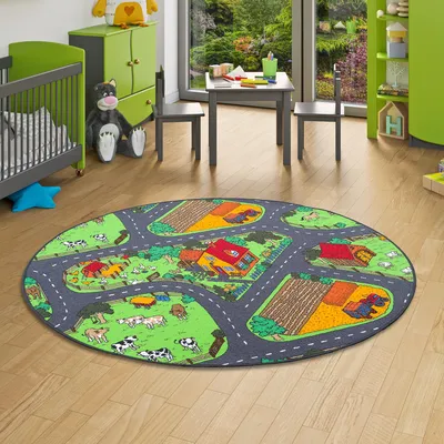 Produktbild von Kinder Spiel Teppich Bauernhof Grün Rund, Größe:200 cm Rund