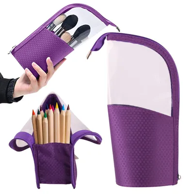 Obrázek produktu pro WOBELL | Taška na štětce 25×11 cm – stojan na štětce, průhledná přihrádka z TPU, vodotěsná, fialová, cestovní pouzdro, průhledná přihrádka