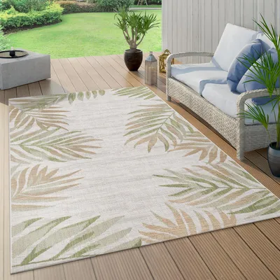 Produktbild von In- & Outdoorteppich Beige Grün Balkon Terrasse Palmen Blätter Muster Robust Grösse 80x150 cm