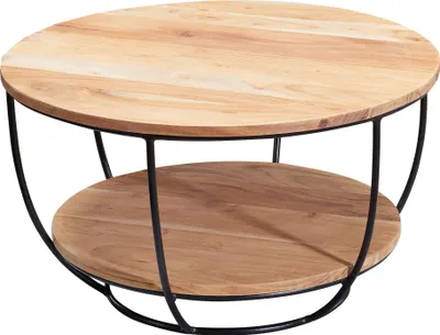 Produktbild von WOHNLING Couchtisch 60x34,5x60 cm Akazie Massivholz / Metall Sofatisch Design Wohnzimmertisch Rund Stubentisch Industrial Braun Tisch mit Ablage