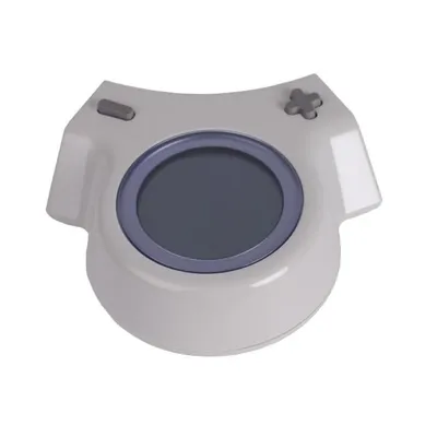 A white and gray digital device with a circular screen and buttons.