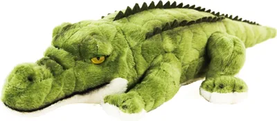 A plush toy crocodile lying on a white background.