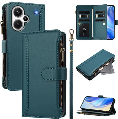 Image de Étui pour Xiaomi Redmi Note 13 Pro Plus, étui à fermeture éclair en cuirPolyuréthaneavec pochettes pour cartes, support et boucle pour les mains, vert