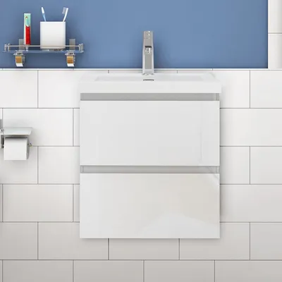 Produktbild von Waschtisch mit Unterschrank 50cm Alast Badmöbel Set Hochglanz Weiß Rechteckiges Waschbecken mit Unterschrank MDF Softclose