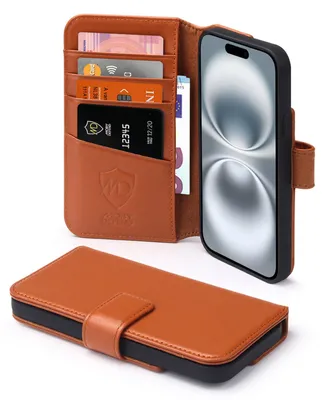 Productafbeelding van MobyDefend Hoesje - Geschikt voor iPhone 16 - Luxe Leren Wallet Bookcase - Lichtbruin
