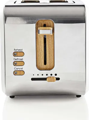 A close-up front view of a modern toaster.
