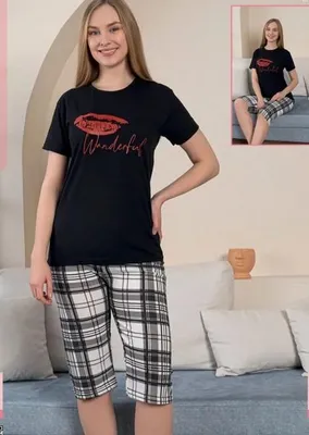 Produktbild von Damen Pyjama Schlafanzug Bermuda Schwarz M Shorty Kurz 2-Teiler Set A-65
