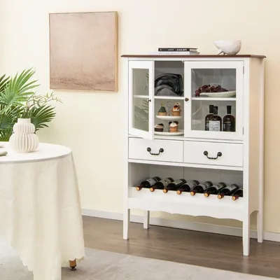Immagine prodotto di Cantinetta per vino in pino con 2 ante e 2 cassetti e portabottiglie aperto antiribaltamento