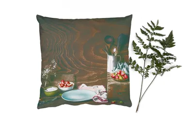 Produktbild von MuchoWow® Zierkissen Sofakissen Wohnzimmer Dekokissen 40x40 cm Rustikal - Obst - Küchenutensilien - Erdbeere - Foto Kissen - Schlafzimmer Dekoration