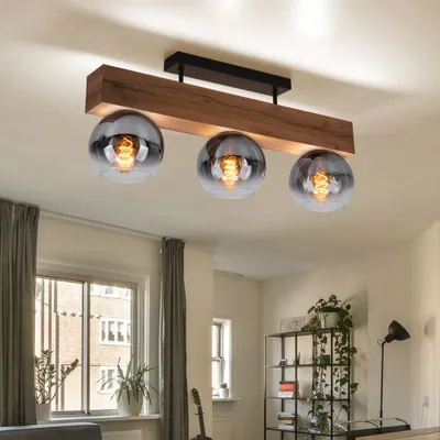 Produktbild von Deckenleuchte, Holzoptik, Glas rauch, 3-Flammig, L 65 cm
