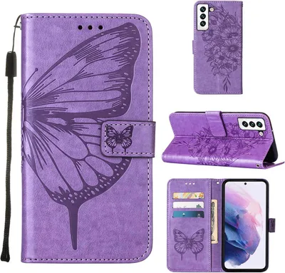 Produktbild von Galaxy S23 Hülle, Schmetterling Prägung Flip Leder Kartenfächer Schutzhülle Ledertasche mit Ständer für Samsung Galaxy S23 Violett