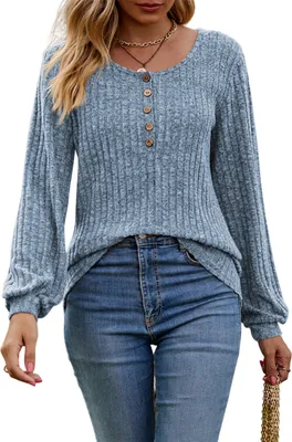 Produktbild von ASKSA Damen Langarmshirt Rundhals Knoepfen Rippstrick Strickpullover Oberteile Tunika Tops Pullover, Blau, L