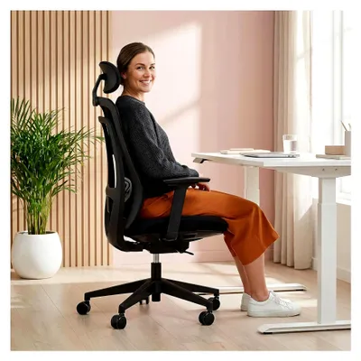 Produktbild von Ergonomischer Bürostuhl Vivadapt – Drehstuhl mit verstellbarer Kopfstütze, 3D-Armlehnen, Sitztiefenverstellung und Synchronmechanik, Schwarz