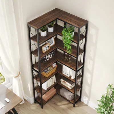 Produktbild von Tribesigns Eck-Bücherregal, 7-stöckiges Industrielles Eckregal, Holz und Metall Ecke Etagere Bücherregal, Freistehendes Lagerregal, Rustikales Braun