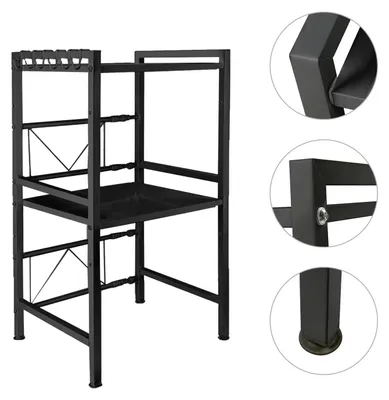 Immagine prodotto di Ripiano per microonde - Ripiano regolabile a 2 ripiani - Estraibile da 40 a 64 cm - Acciaio inossidabile - Con 6 ganci - Nero