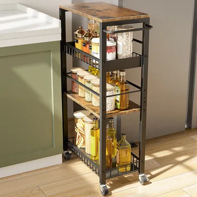 Image de Chariot à 4 étages, chariot de cuisine compact, étagère d'angle sur roulettes, acier, poignée, pour petits espaces, 23 x 41 x 81 cm, hauteur réglable, cuisine, salle de bains, salon, bureau, marron