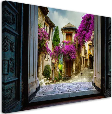 Produktbild von Leinwandbild Blick auf eine italienische Straße mit Blumen 120x80 Feeby Violett bild für die wand bereit zum aufhängen