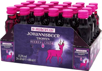 A display box of small bottles of St. Hubertus Johannisbeer Tropfen Beeren Likör.