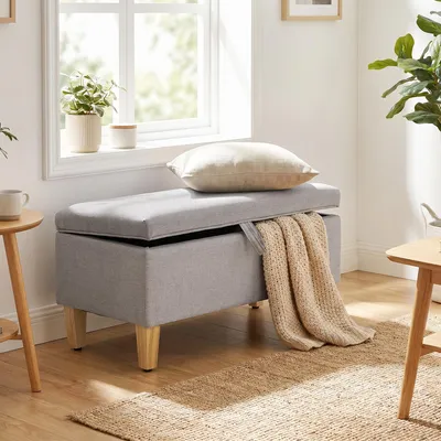 Produktbild von Sitzbank mit Stauraum, gepolsterter Sitzhocker Leinenoptik, Staubox Flur, Hellgrau | 71 x 37 x 36 cm | bis 120 kg | Holzbeine
