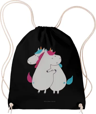 Produktbild von Mr. & Mrs. Panda Säckchen Einhörner Umarmen - Schwarz - Geschenk, wander rucksack, Jutebeutel, Kleiner, Stoffbeutel, Turnbeutel, Einhorn, Unicorn, BFF, Schwester, Familie