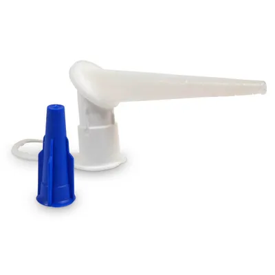 A white angled nozzle with a blue cap on a white background.